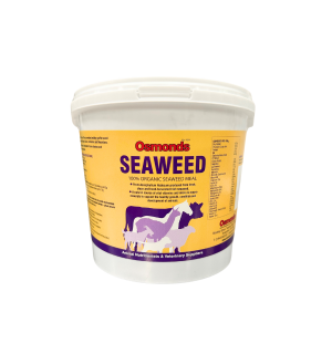 Container of Osmonds Seaweed, a 100% organic seaweed meal with a yellow and purple label, featuring illustrations of livestock and details about its nutritional benefits.